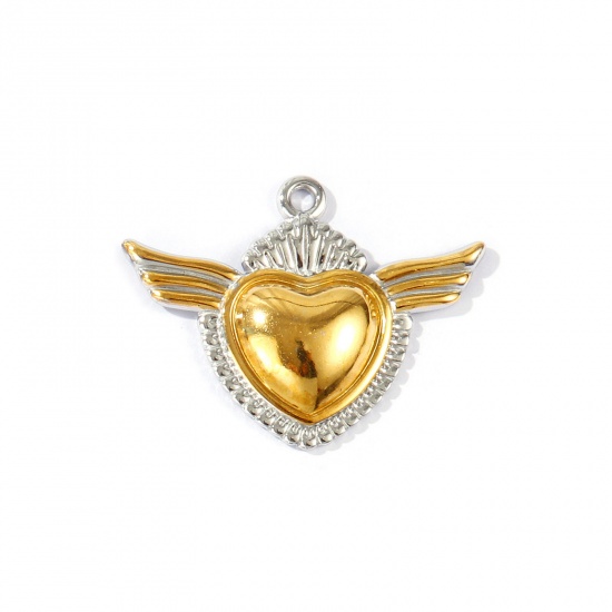 Immagine di 2 Pz PVD Ecologica Impermeabile Anti-Ossidante Ipoallergenico 304 Acciaio Inossidabile Religione Ciondoli Pendenti All'Ingrosso 18K Vero Oro Placcato & Tono Argento Doppio Colore Ex Voto Cuore Ali 4.5cm x 3.5cm