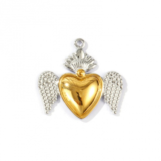 Immagine di 2 Pz PVD Ecologica Impermeabile Anti-Ossidante Ipoallergenico 304 Acciaio Inossidabile Religione Ciondoli Pendenti All'Ingrosso 18K Vero Oro Placcato & Tono Argento Doppio Colore Ex Voto Cuore Ali 4.5cm x 4.4cm