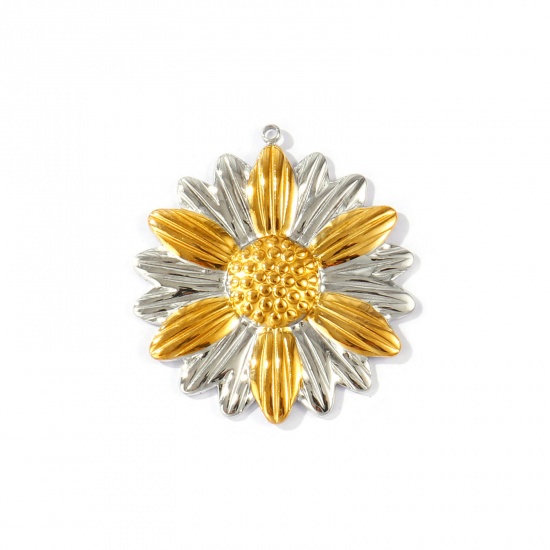 Immagine di 2 Pz PVD Ecologica Impermeabile Anti-Ossidante Ipoallergenico 304 Acciaio Inossidabile Ciondoli Pendenti All'Ingrosso 18K Vero Oro Placcato & Tono Argento Doppio Colore Fiore Margherita 4.2cm x 3.9cm