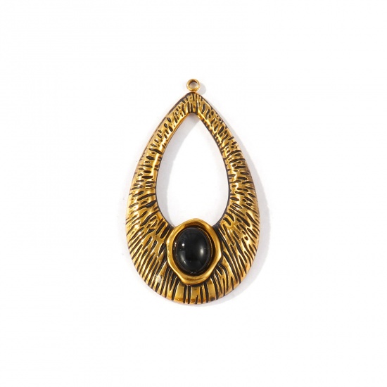 Picture of 1 Piece Eco-friendly PVD Waterproof Anti-Tarnish Hypoallergenic 304 Stainless Steel & Acrylic Pendants Wholesale 18K Real Gold Plated Black Drop Painted 4.9cm x 2.8cm