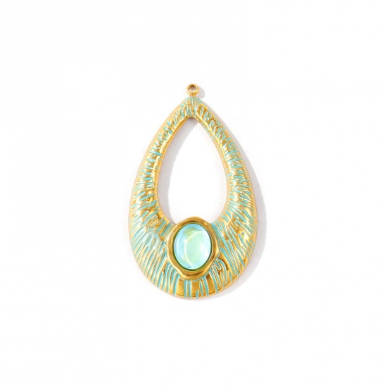 Picture of 1 Piece Eco-friendly PVD Waterproof Anti-Tarnish Hypoallergenic 304 Stainless Steel & Acrylic Pendants Wholesale 18K Real Gold Plated Green Blue Drop Painted 4.9cm x 2.8cm