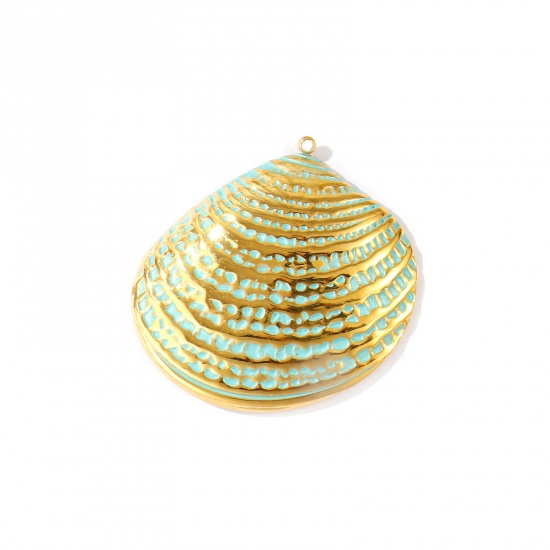 Picture of 1 Piece Eco-friendly PVD Waterproof Anti-Tarnish Hypoallergenic 304 Stainless Steel Pendants Wholesale 18K Real Gold Plated Green Blue Shell Painted 4.5cm x 4.5cm