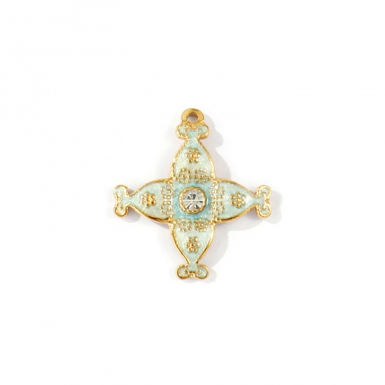 Immagine di 2 Pz PVD Ecologica Impermeabile Anti-Ossidante Ipoallergenico 304 Acciaio Inossidabile Ciondoli All'Ingrosso 18K Vero Oro Placcato Blu Chiaro Smalto Fiore Madreperla Trasparente Strass 27mm x 25mm