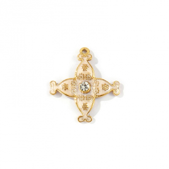 Immagine di 2 Pz PVD Ecologica Impermeabile Anti-Ossidante Ipoallergenico 304 Acciaio Inossidabile Ciondoli All'Ingrosso 18K Vero Oro Placcato Rosa Chiaro Smalto Fiore Madreperla Trasparente Strass 27mm x 25mm