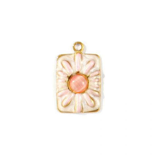 Immagine di 2 Pz PVD Ecologica Impermeabile Anti-Ossidante Ipoallergenico 304 Acciaio Inossidabile Ciondoli All'Ingrosso 18K Vero Oro Placcato Rosa Smalto Rettangolo Imitazione di occhio di gatto 25mm x 16mm