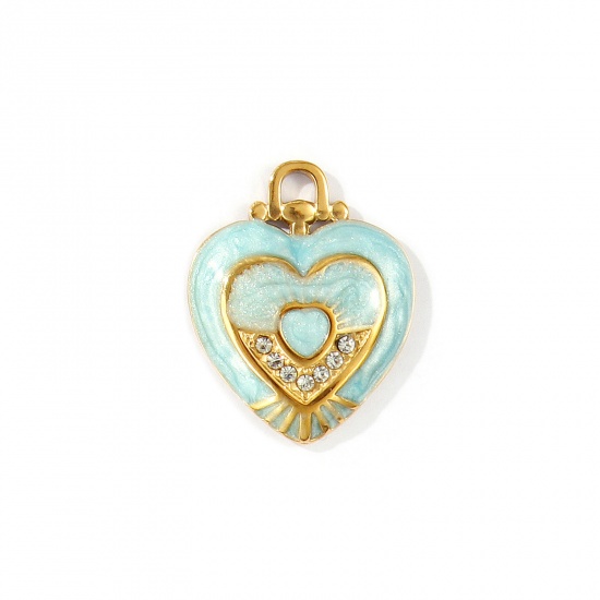 Immagine di 2 Pz PVD Ecologica Impermeabile Anti-Ossidante Ipoallergenico 304 Acciaio Inossidabile San Valentino Ciondoli All'Ingrosso 18K Vero Oro Placcato Blu Chiaro Smalto Cuore Madreperla Trasparente Strass 26mm x 21mm