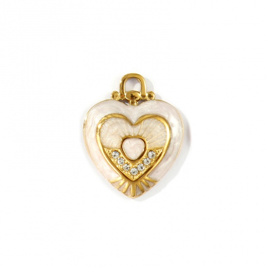 Immagine di 2 Pz PVD Ecologica Impermeabile Anti-Ossidante Ipoallergenico 304 Acciaio Inossidabile San Valentino Ciondoli All'Ingrosso 18K Vero Oro Placcato Rosa Chiaro Smalto Cuore Madreperla Trasparente Strass 26mm x 21mm