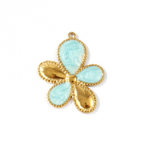 Immagine di 2 Pz PVD Ecologica Impermeabile Anti-Ossidante Ipoallergenico 304 Acciaio Inossidabile Ciondoli Pendenti All'Ingrosso 18K Vero Oro Placcato Blu Chiaro Smalto Fiore Madreperla 3.6cm x 2.9cm