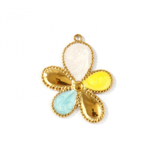 Immagine di 2 Pz PVD Ecologica Impermeabile Anti-Ossidante Ipoallergenico 304 Acciaio Inossidabile Ciondoli Pendenti All'Ingrosso 18K Vero Oro Placcato Multicolore Smalto Fiore Madreperla 3.6cm x 2.9cm
