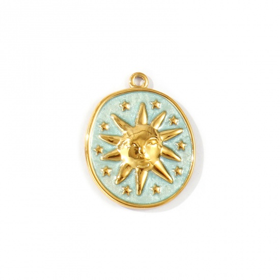 Immagine di 2 Pz PVD Ecologica Impermeabile Anti-Ossidante Ipoallergenico 304 Acciaio Inossidabile Galassia Ciondoli All'Ingrosso 18K Vero Oro Placcato Blu Chiaro Smalto Ovale Sole Madreperla 28mm x 22mm