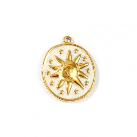 Immagine di 2 Pz PVD Ecologica Impermeabile Anti-Ossidante Ipoallergenico 304 Acciaio Inossidabile Galassia Ciondoli All'Ingrosso 18K Vero Oro Placcato Bianco Sporco Smalto Ovale Sole Madreperla 28mm x 22mm