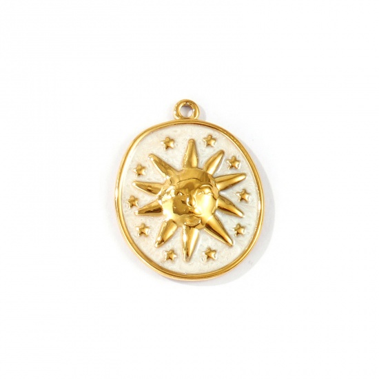 Immagine di 2 Pz PVD Ecologica Impermeabile Anti-Ossidante Ipoallergenico 304 Acciaio Inossidabile Galassia Ciondoli All'Ingrosso 18K Vero Oro Placcato Bianco Sporco Smalto Ovale Sole Madreperla 28mm x 22mm