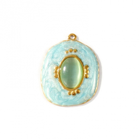 Picture of 1 Piece Eco-friendly PVD Waterproof Anti-Tarnish Hypoallergenic 304 Stainless Steel Pendants Wholesale 18K Real Gold Plated Light Blue Enamel Irregular Cat's Eye Imitation 3.3cm x 2.6cm