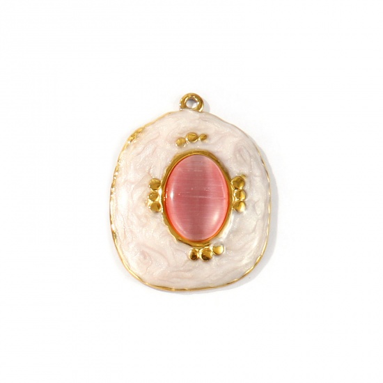 Picture of 1 Piece Eco-friendly PVD Waterproof Anti-Tarnish Hypoallergenic 304 Stainless Steel Pendants Wholesale 18K Real Gold Plated Light Pink Enamel Irregular Cat's Eye Imitation 3.3cm x 2.6cm