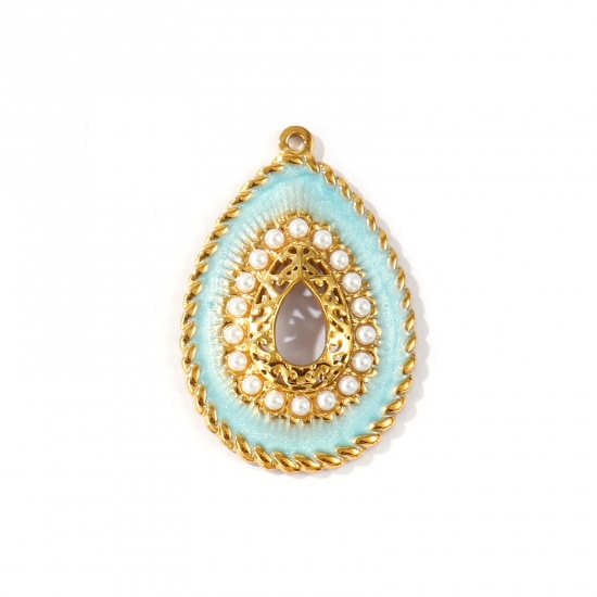 Picture of 1 Piece Eco-friendly PVD Waterproof Anti-Tarnish Hypoallergenic 304 Stainless Steel Pendants Wholesale 18K Real Gold Plated Light Blue Enamel Drop Acrylic Imitation Pearl 4.4cm x 3cm