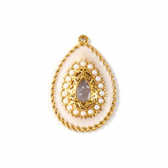 Picture of 1 Piece Eco-friendly PVD Waterproof Anti-Tarnish Hypoallergenic 304 Stainless Steel Pendants Wholesale 18K Real Gold Plated Light Pink Enamel Drop Acrylic Imitation Pearl 4.4cm x 3cm