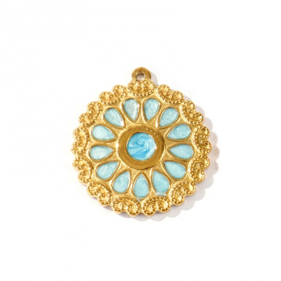 Picture of 1 Piece Eco-friendly PVD Waterproof Anti-Tarnish Hypoallergenic 304 Stainless Steel Pendants Wholesale 18K Real Gold Plated Light Blue Enamel Round Flower Pearlized 4.2cm x 3.8cm