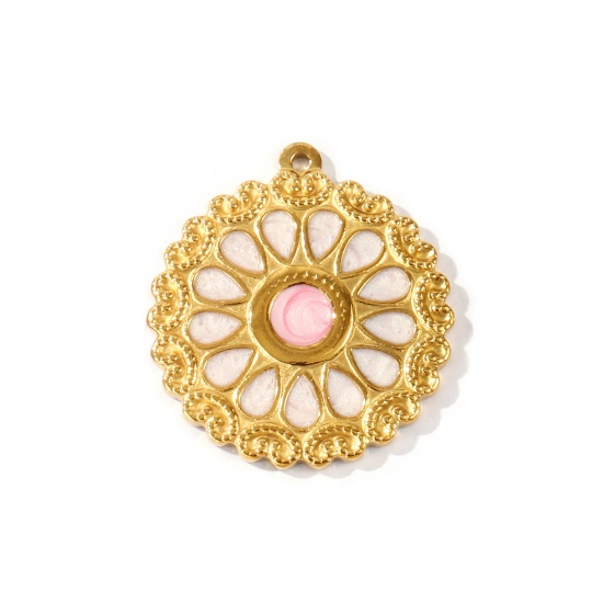 Picture of 1 Piece Eco-friendly PVD Waterproof Anti-Tarnish Hypoallergenic 304 Stainless Steel Pendants Wholesale 18K Real Gold Plated Light Pink Enamel Round Flower Pearlized 4.2cm x 3.8cm