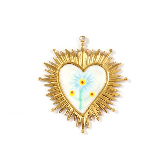 Picture of 1 Piece Eco-friendly PVD Waterproof Anti-Tarnish Hypoallergenic 304 Stainless Steel Religious Pendants Wholesale 18K Real Gold Plated White Enamel Ex Voto Heart Flower Pearlized 4.9cm x 4.5cm
