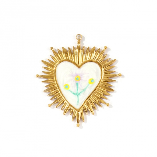 Picture of 1 Piece Eco-friendly PVD Waterproof Anti-Tarnish Hypoallergenic 304 Stainless Steel Religious Pendants Wholesale 18K Real Gold Plated White Enamel Ex Voto Heart Flower Pearlized 4.9cm x 4.5cm