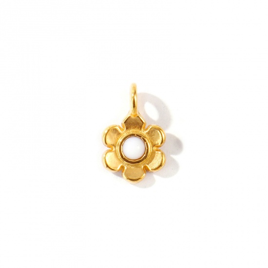 Picture of 2 PCs Eco-friendly PVD Waterproof Anti-Tarnish Hypoallergenic 304 Stainless Steel & Acrylic Charms Wholesale 18K Real Gold Plated White Flower Mini 11mm x 7mm