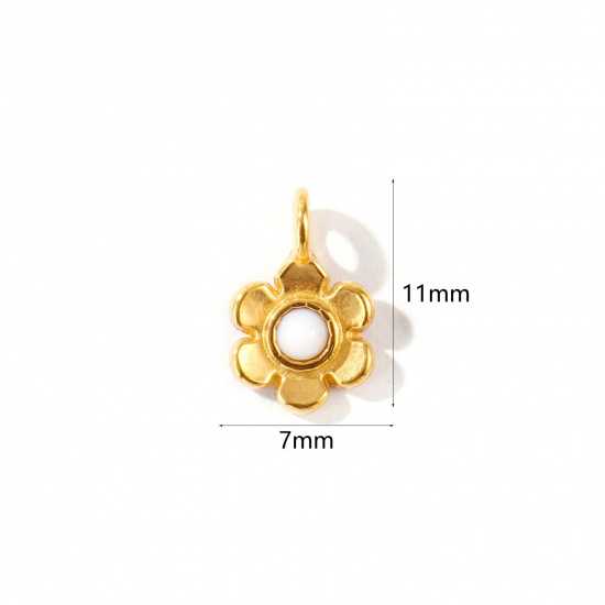 Picture of 2 PCs Eco-friendly PVD Waterproof Anti-Tarnish Hypoallergenic 304 Stainless Steel & Acrylic Charms Wholesale 18K Real Gold Plated White Flower Mini 11mm x 7mm