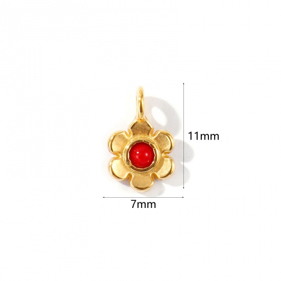 Picture of 2 PCs Eco-friendly PVD Waterproof Anti-Tarnish Hypoallergenic 304 Stainless Steel & Acrylic Charms Wholesale 18K Real Gold Plated Red Flower Mini 11mm x 7mm
