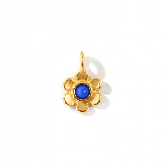 Picture of 2 PCs Eco-friendly PVD Waterproof Anti-Tarnish Hypoallergenic 304 Stainless Steel & Acrylic Charms Wholesale 18K Real Gold Plated Dark Blue Flower Mini 11mm x 7mm
