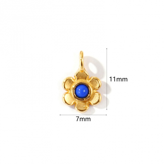 Picture of 2 PCs Eco-friendly PVD Waterproof Anti-Tarnish Hypoallergenic 304 Stainless Steel & Acrylic Charms Wholesale 18K Real Gold Plated Dark Blue Flower Mini 11mm x 7mm