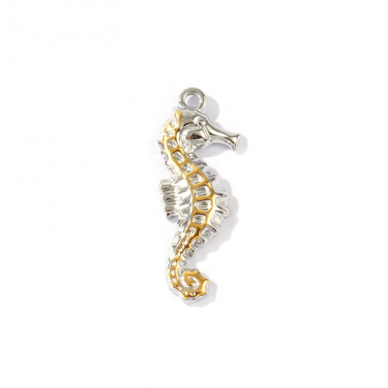 Picture of 1 Piece Eco-friendly PVD Waterproof Anti-Tarnish Hypoallergenic 304 Stainless Steel Ocean Jewelry Pendants Wholesale 18K Real Gold Plated & Silver Tone Two Tone Seahorse Animal 3cm x 1.2cm