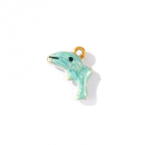 Picture of 2 PCs Eco-friendly PVD Waterproof Anti-Tarnish Hypoallergenic 304 Stainless Steel Ocean Jewelry Charms Wholesale 18K Real Gold Plated Green Blue Enamel Whale Animal Glitter 17mm x 11mm