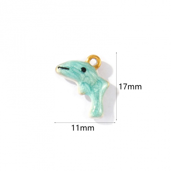 Picture of 2 PCs Eco-friendly PVD Waterproof Anti-Tarnish Hypoallergenic 304 Stainless Steel Ocean Jewelry Charms Wholesale 18K Real Gold Plated Green Blue Enamel Whale Animal Glitter 17mm x 11mm