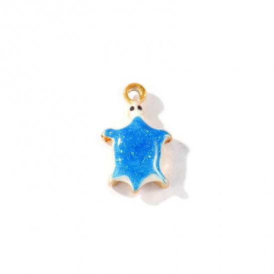 Picture of 2 PCs Eco-friendly PVD Waterproof Anti-Tarnish Hypoallergenic 304 Stainless Steel Ocean Jewelry Charms Wholesale 18K Real Gold Plated Blue Enamel Tortoise Animal Glitter 16.5mm x 10mm