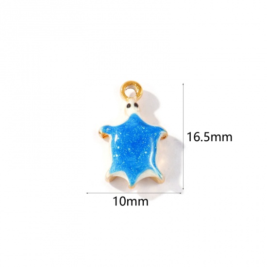 Picture of 2 PCs Eco-friendly PVD Waterproof Anti-Tarnish Hypoallergenic 304 Stainless Steel Ocean Jewelry Charms Wholesale 18K Real Gold Plated Blue Enamel Tortoise Animal Glitter 16.5mm x 10mm