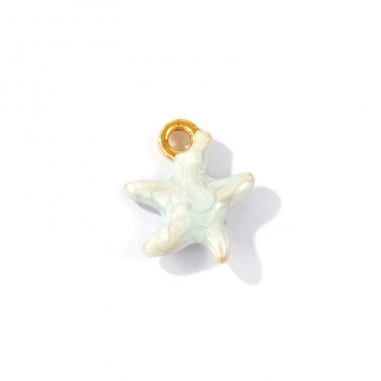 Picture of 2 PCs Eco-friendly PVD Waterproof Anti-Tarnish Hypoallergenic 304 Stainless Steel Ocean Jewelry Charms Wholesale 18K Real Gold Plated Light Green Enamel Starfish Pearlized 16mm x 14mm