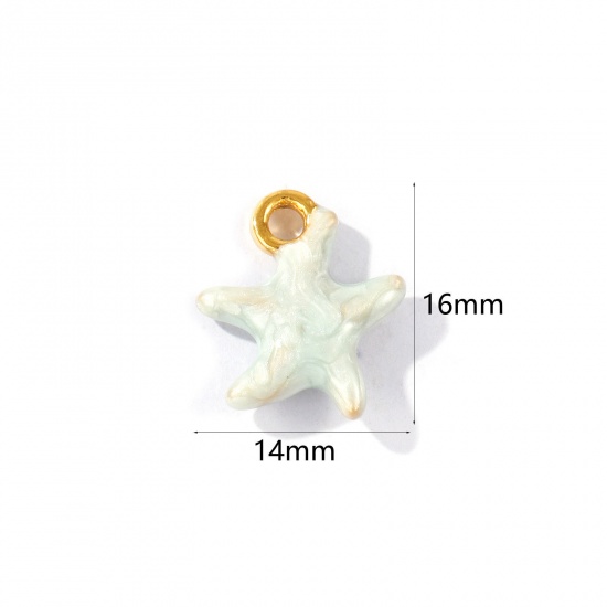 Picture of 2 PCs Eco-friendly PVD Waterproof Anti-Tarnish Hypoallergenic 304 Stainless Steel Ocean Jewelry Charms Wholesale 18K Real Gold Plated Light Green Enamel Starfish Pearlized 16mm x 14mm