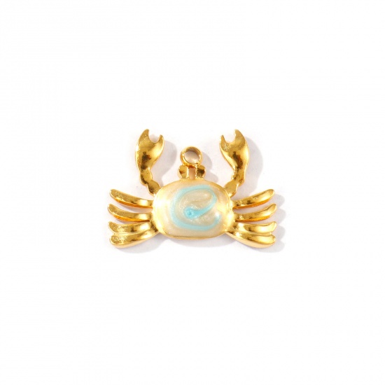 Picture of 2 PCs Eco-friendly PVD Waterproof Anti-Tarnish Hypoallergenic 304 Stainless Steel Ocean Jewelry Charms Wholesale 18K Real Gold Plated Blue Enamel Crab Animal Pearlized 18mm x 13mm