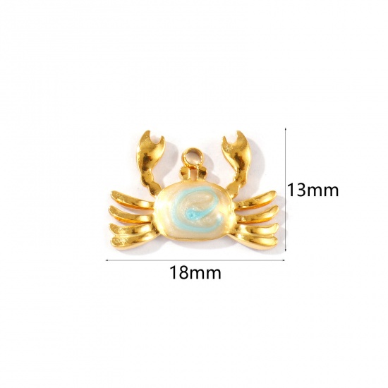 Picture of 2 PCs Eco-friendly PVD Waterproof Anti-Tarnish Hypoallergenic 304 Stainless Steel Ocean Jewelry Charms Wholesale 18K Real Gold Plated Blue Enamel Crab Animal Pearlized 18mm x 13mm
