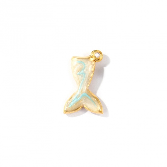 Picture of 2 PCs Eco-friendly PVD Waterproof Anti-Tarnish Hypoallergenic 304 Stainless Steel Charms Wholesale 18K Real Gold Plated Blue Enamel Fishtail Pearlized 18mm x 11mm