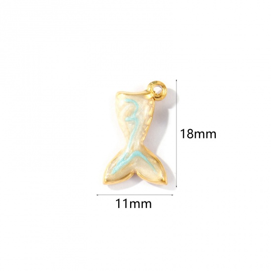 Picture of 2 PCs Eco-friendly PVD Waterproof Anti-Tarnish Hypoallergenic 304 Stainless Steel Charms Wholesale 18K Real Gold Plated Blue Enamel Fishtail Pearlized 18mm x 11mm