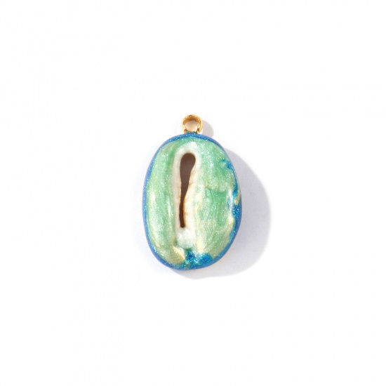 Picture of 2 PCs Eco-friendly PVD Waterproof Anti-Tarnish Hypoallergenic 304 Stainless Steel Charms Wholesale 18K Real Gold Plated Green Enamel Shell Cowrie Monetaria Caputserpentis Glitter 17.5mm x 11mm