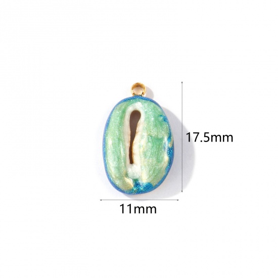 Picture of 2 PCs Eco-friendly PVD Waterproof Anti-Tarnish Hypoallergenic 304 Stainless Steel Charms Wholesale 18K Real Gold Plated Green Enamel Shell Cowrie Monetaria Caputserpentis Glitter 17.5mm x 11mm