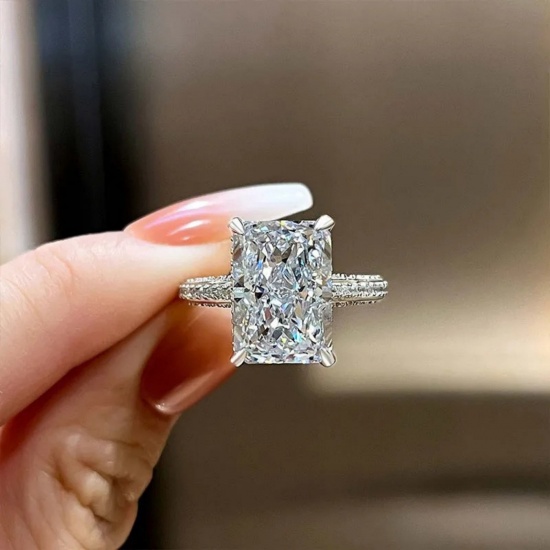 Picture of Wholesale Women's Wedding Rectangle Clear Cubic Zirconia Unadjustable Rings, Platinum Plated Brass, Exquisite Stylish Jewelry Supply, 18.9mm(US Size 9), 1 Piece