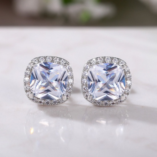 Imagen de Exquisito Elegante Pendientes de Poste de Oreja Al Por Mayor, Claro Circón Artificial Platino Chapado Latón, Mujeres Regalo Suministro de Joyería, 11mm x 8mm, 1 Par