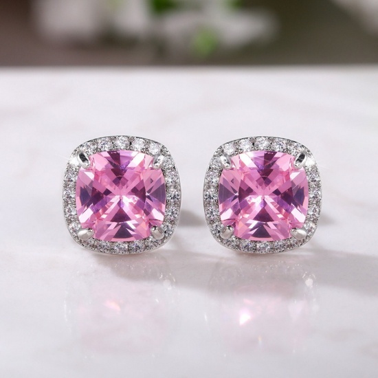 Imagen de Exquisito Elegante Pendientes de Poste de Oreja Al Por Mayor, Claro Circón Artificial Rosado Platino Chapado Latón, Mujeres Regalo Suministro de Joyería, 11mm x 8mm, 1 Par
