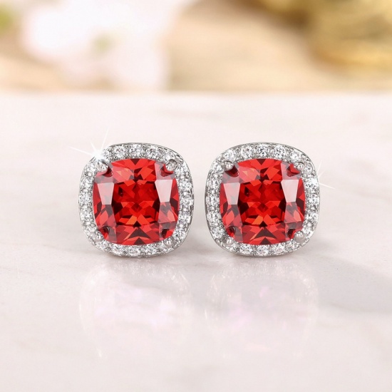 Imagen de Exquisito Elegante Pendientes de Poste de Oreja Al Por Mayor, Claro Circón Artificial Rojo Platino Chapado Latón, Mujeres Regalo Suministro de Joyería, 11mm x 8mm, 1 Par
