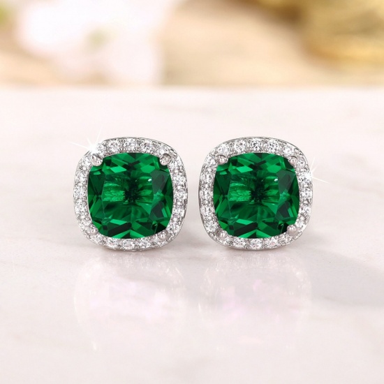 Imagen de Exquisito Elegante Pendientes de Poste de Oreja Al Por Mayor, Claro Circón Artificial Verde Platino Chapado Latón, Mujeres Regalo Suministro de Joyería, 11mm x 8mm, 1 Par