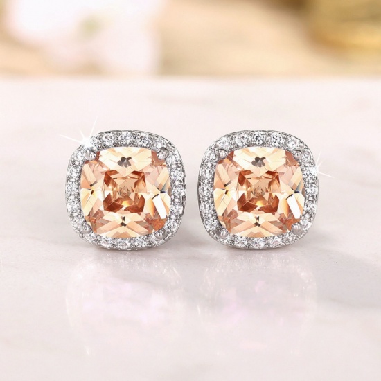 Imagen de Exquisito Elegante Pendientes de Poste de Oreja Al Por Mayor, Claro Circón Artificial Champán Platino Chapado Latón, Mujeres Regalo Suministro de Joyería, 11mm x 8mm, 1 Par