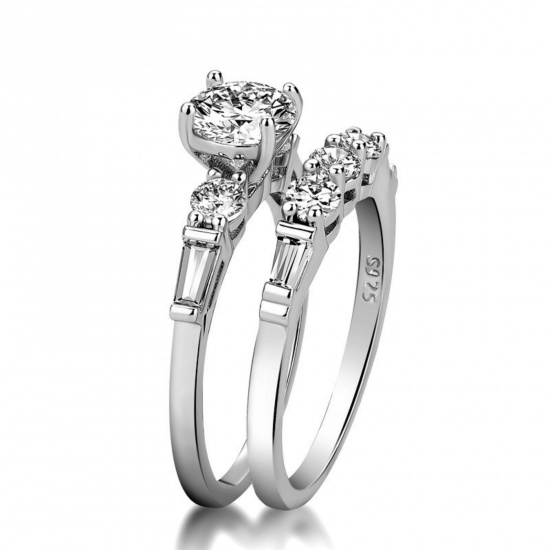 Picture of Wholesale Women's Wedding Clear Cubic Zirconia Unadjustable Rings, Platinum Plated Brass, Exquisite Stylish Jewelry Supply, 17.3mm(US Size 7), 1 Pair