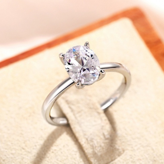 Picture of Wholesale Women's Wedding Clear Cubic Zirconia Unadjustable Rings, Platinum Plated Brass, Exquisite Stylish Jewelry Supply, 19.7mm(US Size 10), 1 Piece